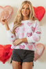 Pink Heart Leopard Print Pearled Ribbed Trim Fuzzy Sweater