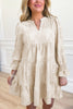 Parchment Long Sleeve Notched Neck Jacquard Tiered Mini Dress