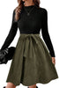 Black Ribbed Knit Slim Bodice Contrast Flared Skirt Patchwork Belted Dress