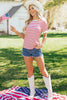 Red Stripe Contrast Trim Round Neck Short Puff Sleeve T Shirt