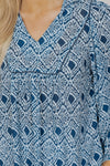 Sky Blue Western Geometric Print Frilled V Neck Loose Fit Blouse