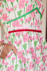 Pink Floral Print Contrast Trim V Neck Short Sleeve Elegant Midi Dress