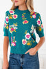 Blue Flower Pattern Mock Neck Short Sleeve Knitted T Shirt