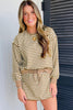 Brown Stripe Textured Drop Shoulder Pullover Top Drawstring Mini Skirt Two Piece Dress Set