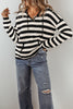 White Stripe V Neck Pocketed Drawstring Hooded Sweater