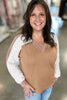 Coffee V Neck Lace Sleeve Patchwork Plus Size Blouse