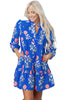 Blue Floral Print Button Detail 3/4 Puff Sleeve Ruffle Hem Dress