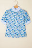 Sky Blue Floral Print Striped Patchwork Collared Short Sleeve Blouse