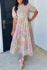 Pink Floral Print Short Puff Sleeve High Waist Tiered Maxi Dress