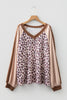 Parchment Leopard Colorblock Patchwork Twist Ribbed Plus Size V Neck Baggy Pullover
