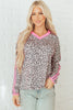 Khaki Leopard Print Contrast V Neck Varsity Stripe Detail Long Sleeve Top
