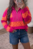 Brown Stripe Patchwork Polka Dot Accent Quarter Zip Long Sleeve Top