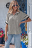 Black Stripe Polo Collar Half Zip Short Puff Sleeve Blouse