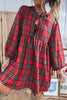 Red Plaid Tie Front Long Sleeve Short Shift Dress