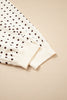 White Polka Dot Print Notched Neck Long Sleeve Top Drawstring Jogger Pants Waffle Knit Lounge Set