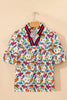 Multicolour Contrasted V Neckline Floral Puff Short Sleeve Blouse