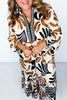 White Plus Size Abstract Print Contrast Collar Split Neck Shift Long Dress