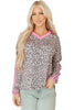 Khaki Leopard Print Contrast V Neck Varsity Stripe Detail Long Sleeve Top