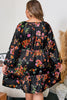 Black Plus Size Floral Print Tie Neck Cinched Waist Long Sleeve Mini Dress