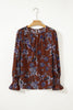 Brown Autumn Floral Print Smocked Cuffs Shift Blouse