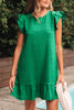 Dark Green Textured Flutter Sleeve Ruffled Mini Dress