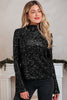 Black Sequin Mock Neck Drape Open Back Bell Sleeve Top