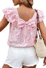 Pink Floral Ruffled Short Sleeve Bow Back Square Neck Blouse