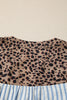 Sky Blue Stripe Leopard Trim V Neck Button Down Half Sleeve Shirt