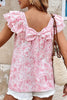 Pink Floral Ruffled Short Sleeve Bow Back Square Neck Blouse