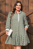Green Contrast Striped Frilled Collar 3/4 Sleeve Plus Size Floral Dress
