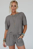 Gray Solid Color Waffle Knit T Shirt and Shorts Set