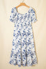 Sky Blue Smocked Bodice Short Puff Sleeve Tiered Floral Midi Dress