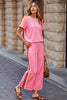 Bonbon Color Contrast Crewneck T Shirt and Wide Leg High Waist Pants Set