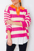 Rose Stripe Color Block Collared V Neck Drop Shoulder Sweater