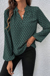 Khaki Geometric Print Notched Neck Puff Sleeve Blouse