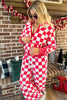 Red Checkered Print Half Zip Hoodie Loose Pant Set