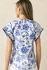 Blue Elegant Floral Print Ricrac Trim Short Sleeve Blouse