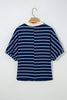 Blue Stripe Stand Collar V Neck Elastic Cuffs Half Sleeve Dolman Top