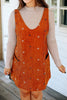 Gold Flame Flower Embroidered Corduroy Overall Mini Dress