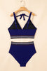 Navy Blue Embroidered Trim Wrap Tie Knot Plus Size High Waisted Bikini