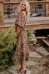 Brown Leopard Print Bubble Sleeve Square Neck Maxi Dress