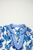 Sky Blue Floral Print Striped Patchwork Long Flounce Sleeve Ricrac Trim V Neck Blouse