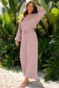 Light Pink Drop Shoulder Puff Sleeve Crop Pullover Drawstring Wide Leg Pants Set