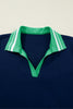 Navy Blue Contrast Striped Cuffs Polo Collar Patchwork Long Sleeve Ruffle Hem Mini Dress