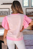 Pink Stripe Ruffled Short Sleeve Patchwork Blouse