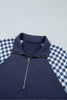 Racing Red Patchwork Plaid Pocket Quarter Zip Sweatshirt