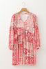 Pink Bohemian Floral Print Tassel Tie Long Sleeve Flowy Mini Dress