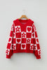 Fiery Red V Neck Flower Heart Detail Checkered Knit Loose Sweater