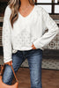 White Twisted Rib Patchwork Embroidered Loose V Neck Long Sleeve Top