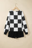 Red Checkerboard Plaid Long Sleeve Solid Color Shorts 2pcs Set